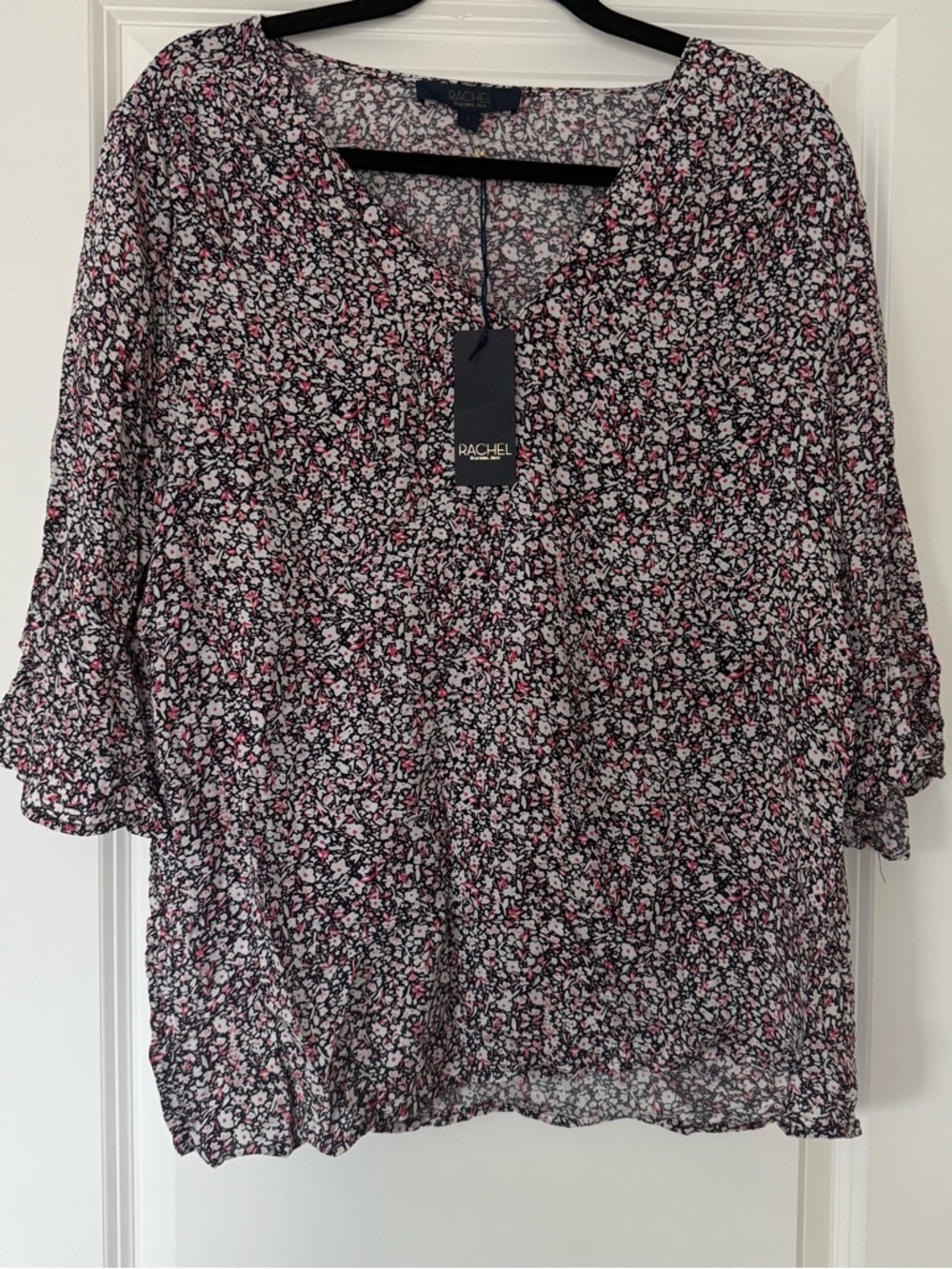 RACHEL Rachel Roy Black Floral V-Neck Blouse with Pink & White Print